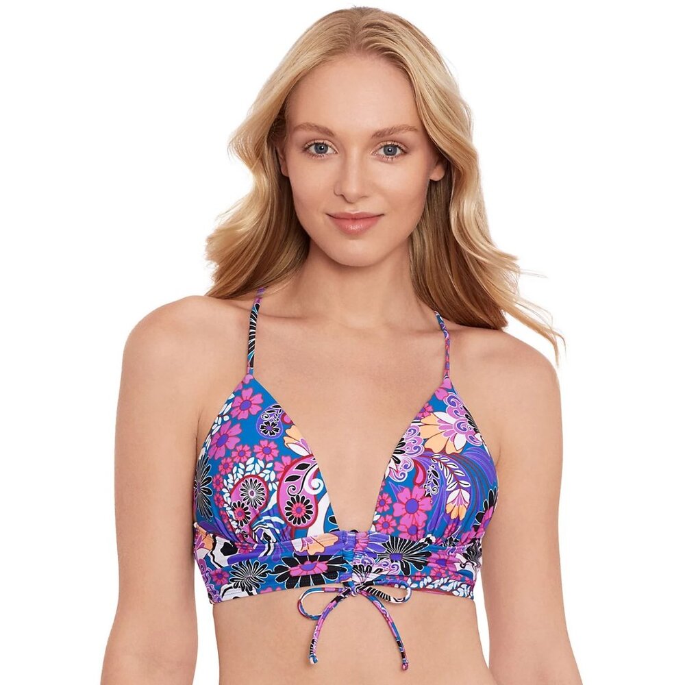 Salt + Cove Women's Swimsuit Top M Blue Floral Retro Print Tunnel Front Midkini